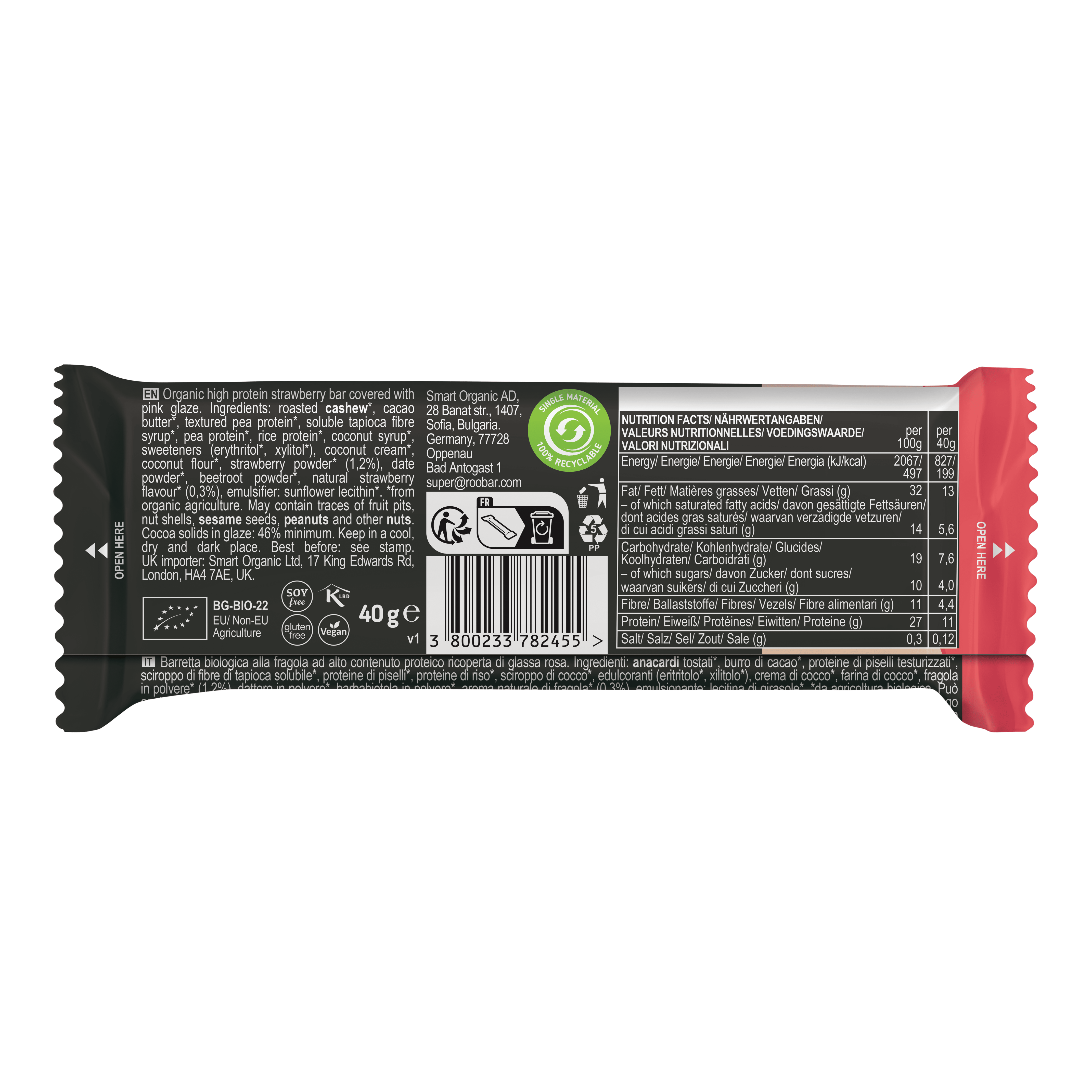 Roobar Высокобелковый клубничный батончик в розовой глазури 40 г 1/16
